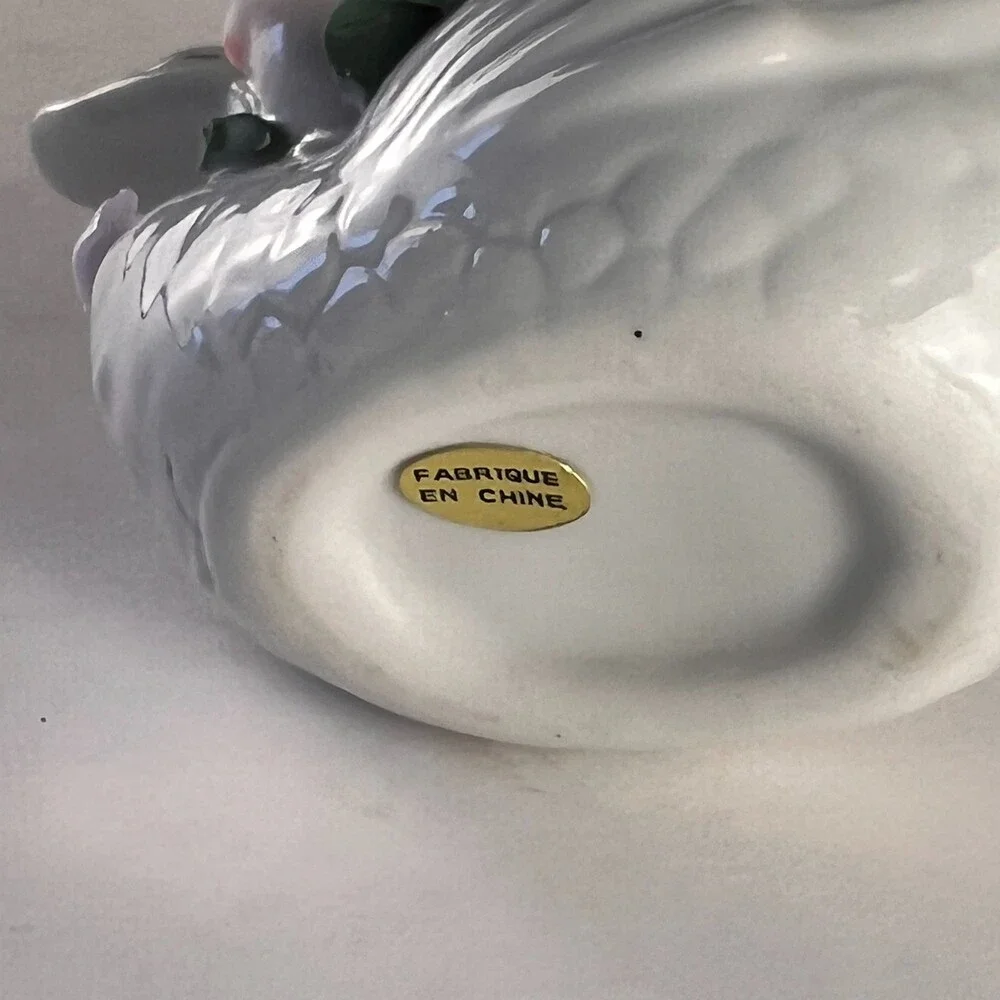 Porcelain Swan Catchall Bowl Applied Pink Roses Gold Accents Iridescent Dish